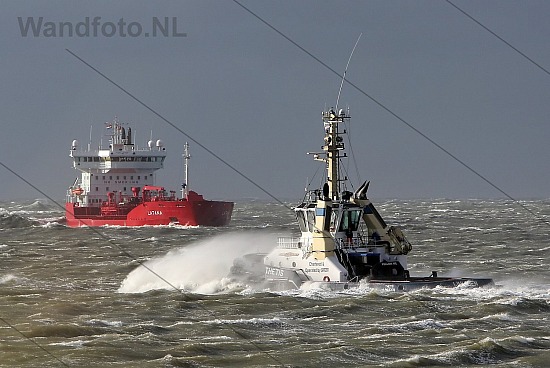 Tanker Latana loopt binnen tijdens stormweer, IJmuiden