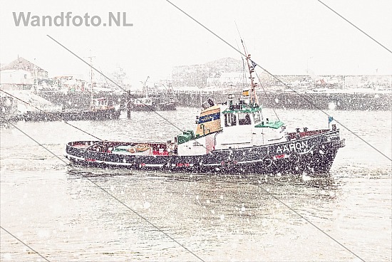 Sleepboot Aäron in de sneeuw, Haringhaven, IJmuiden